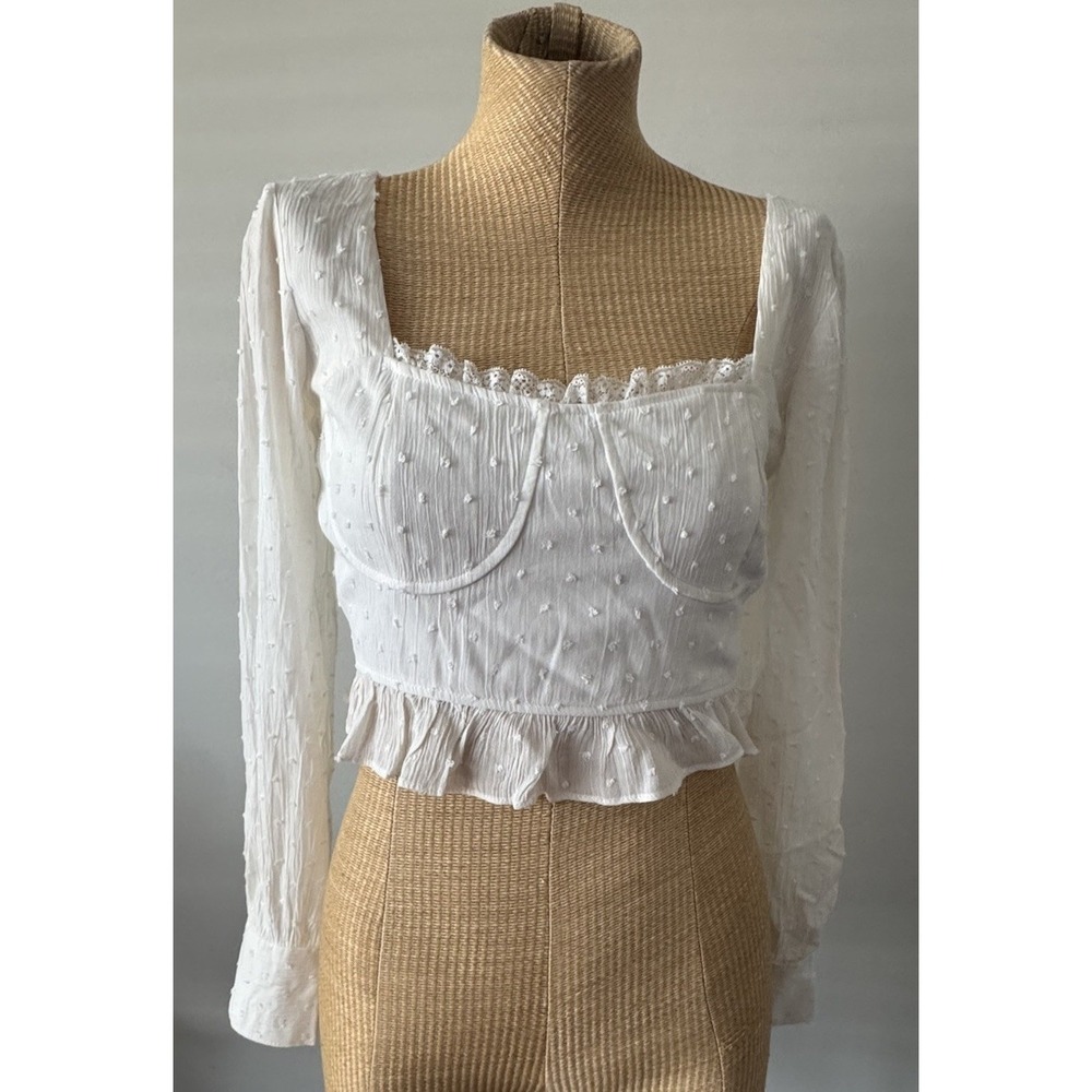 Nasty Gal White Cropped Blouse Corset Look Size‎ US 4 UK 8 Sheer Lace Ruffle NWT